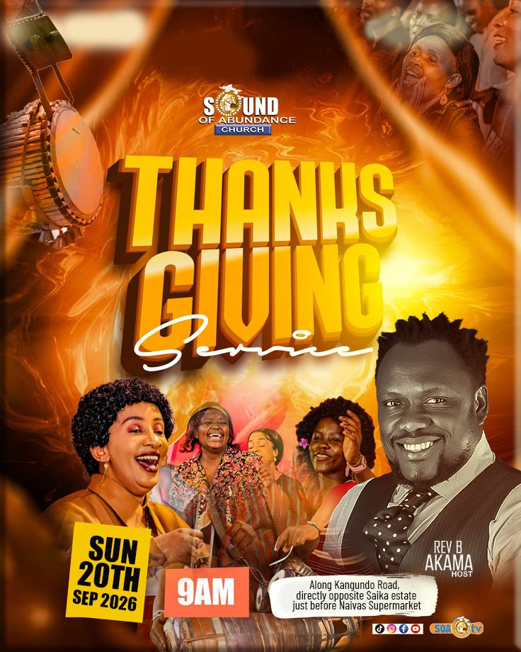 Thanksgiving Service, Sunday 20th September 2026 at 9 AM, along Kangundo Road, hosted by Rev B. Akama